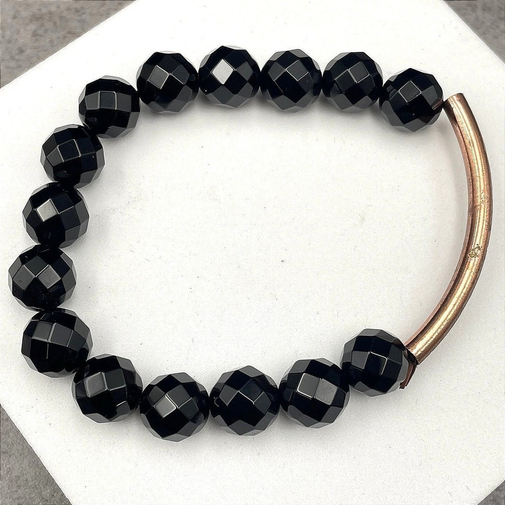 Vintage Copper-Tone Fashion Boho-Chic Faceted Black Onyx Beaded Stretch Bracelet